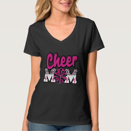 Cheer Mom Hot Pink Black Leopard Letters Cheer Pom T_Shirt