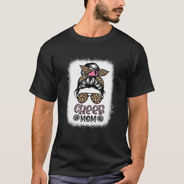 Cheer Mom Leopard Messy Bun Cheerleader Bleached M T-Shirt (Front)