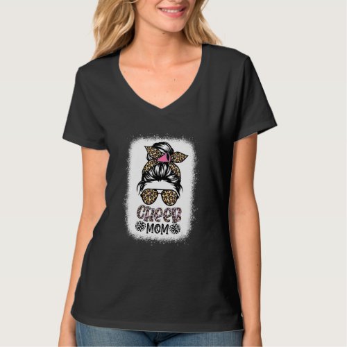 Cheer Mom Leopard Messy Bun Cheerleader Bleached T_Shirt