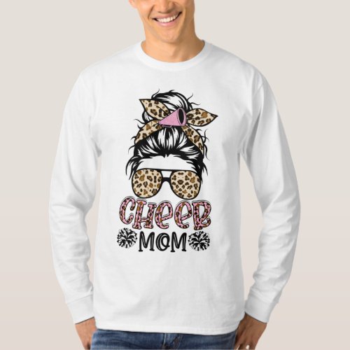 Cheer Mom Leopard Messy Bun Cheerleader Funny Moth T_Shirt