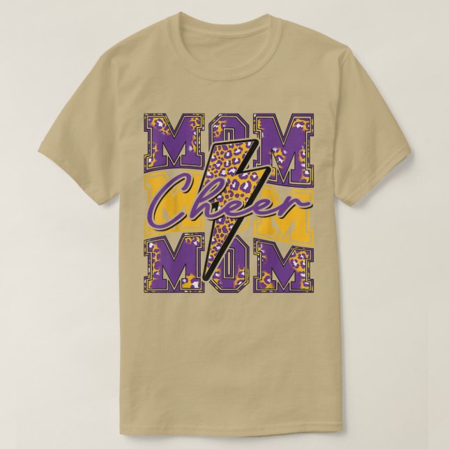 Cheer Mom Lightning Bolt Cheer Leopard Purple Gold T-Shirt (Design Front)
