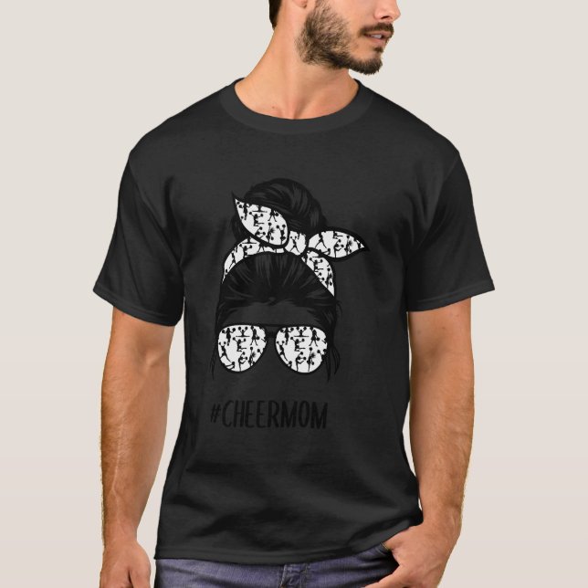 Cheer Mom Messy Bun Hair Glasses Cheerleader T-Shirt (Front)