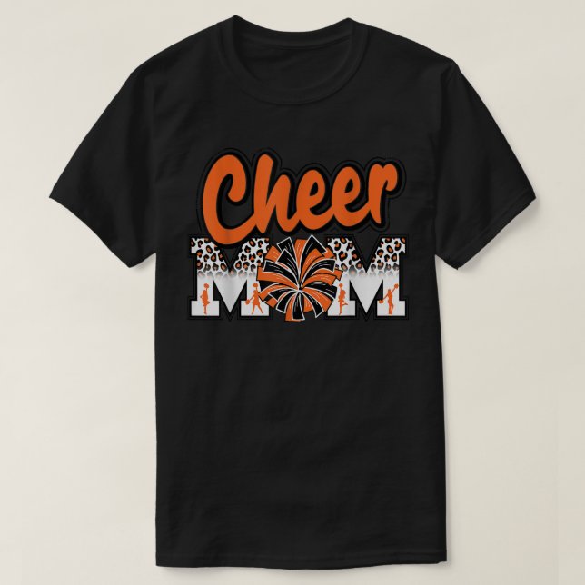 Cheer Mom Orange Leopard Letters Cheer Pom Poms  T-Shirt (Design Front)