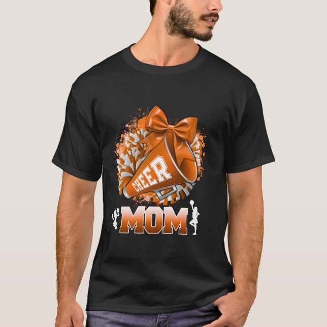 Cheer Mom Orange Pom Pom Megaphone Coquette Bow Ch T-Shirt (Front)