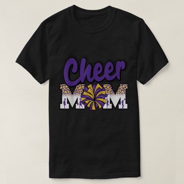 Cheer Mom Purple Gold Leopard Letters Cheer Pom Po T-Shirt (Design Front)