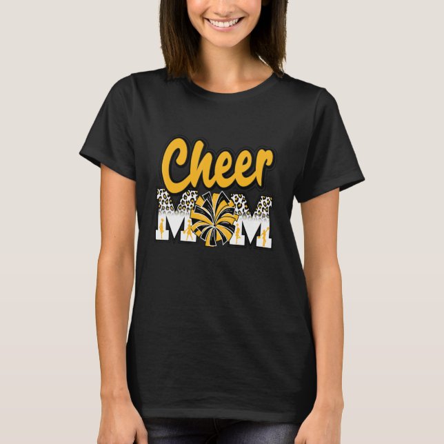 Cheer Mom Yellow Gold Leopard Letters Cheer Pom Po T-Shirt (Front)