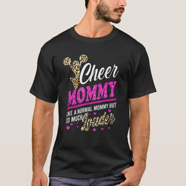 Cheer Mommy Biggest Fan Leopard Print And Pom Pom T-Shirt (Front)