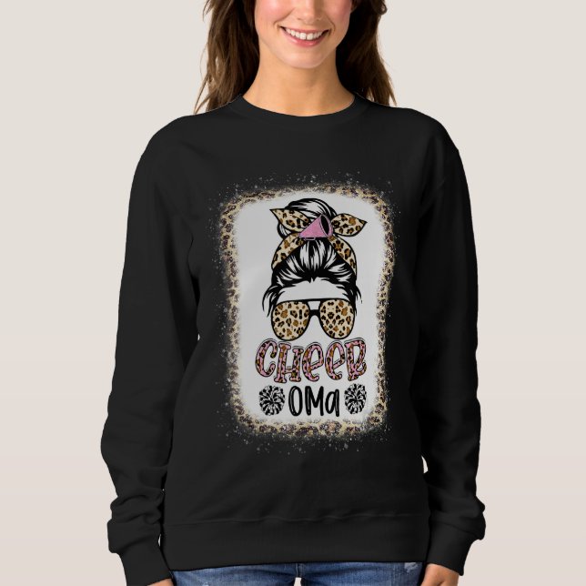 Cheer Oma Leopard Messy Bun Cheerleader Bleached Sweatshirt (Front)