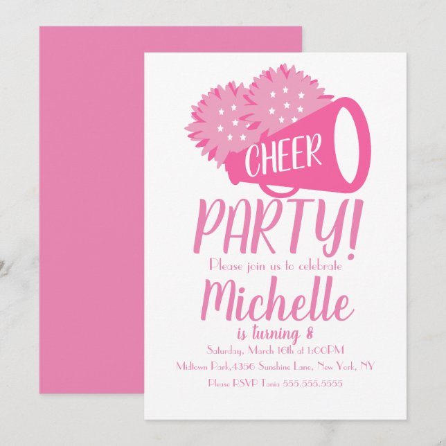 Cheer Party Cheerleading Birthday Pink  Invitation (Front/Back)