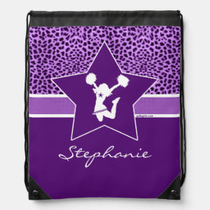 Cheer / Pom Cheetah Print with Monogram in Purple Drawstring Bag