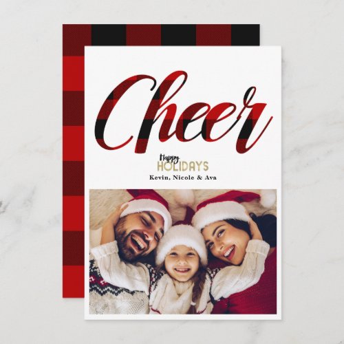 CHEER Red Plaid Christmas Holiday Photo Card