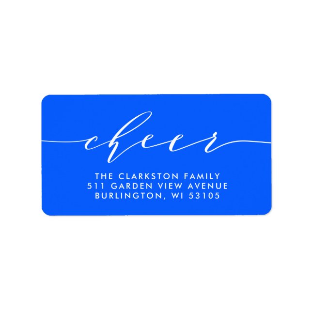 Cheer script bright blue holiday return address label (Front)
