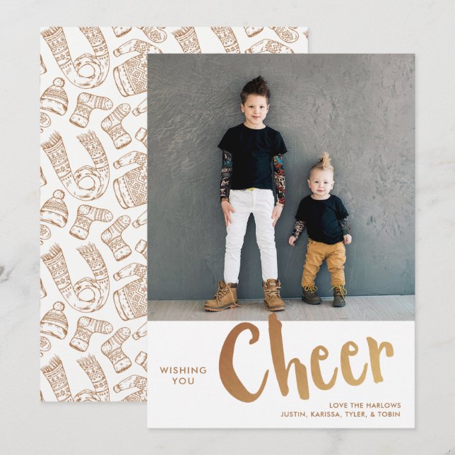 Cheer | Sweater Pattern Christmas Photo Gold Holiday Card (Front/Back)