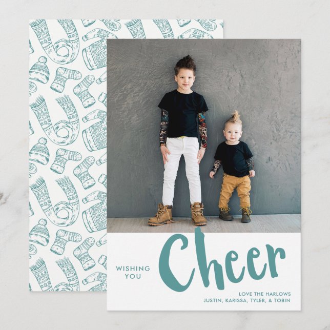 Cheer | Sweater Pattern Christmas Photo Teal Holiday Card (Front/Back)