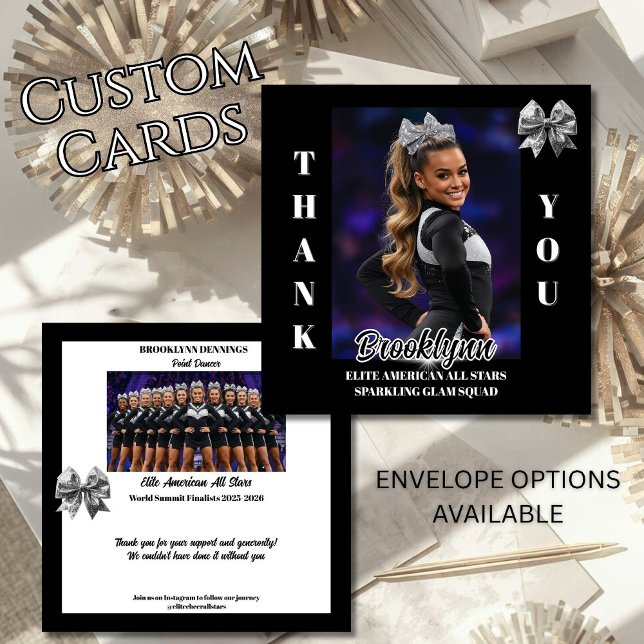 Cheer Team Cheerleader Thank You Cards (Cheerleader thank you cards for cheer, dance or gymnastics teams. Thank your sponsors and supporters)