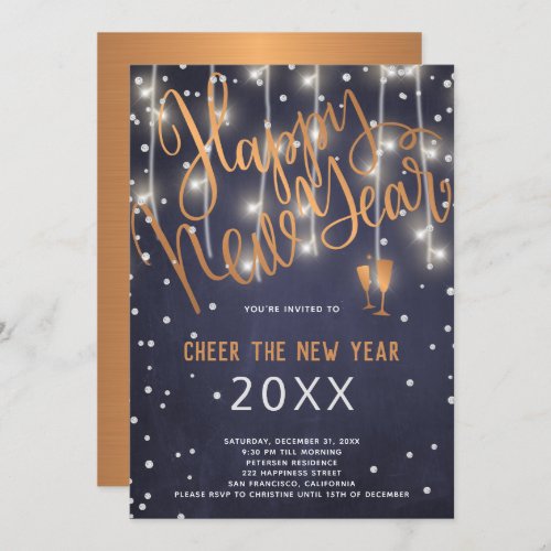Cheer the New Year Copper and Lights Navy Party Invitation