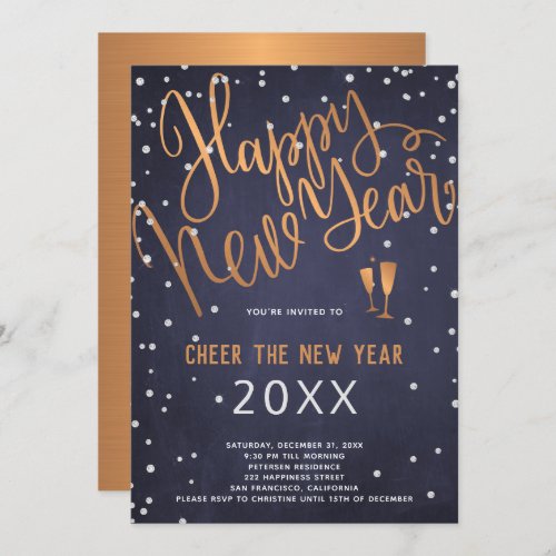 Cheer the New Year Copper Metallic on Navy Party Invitation