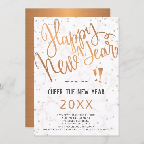 Cheer the New Year Metallic Copper Marble Party Invitation