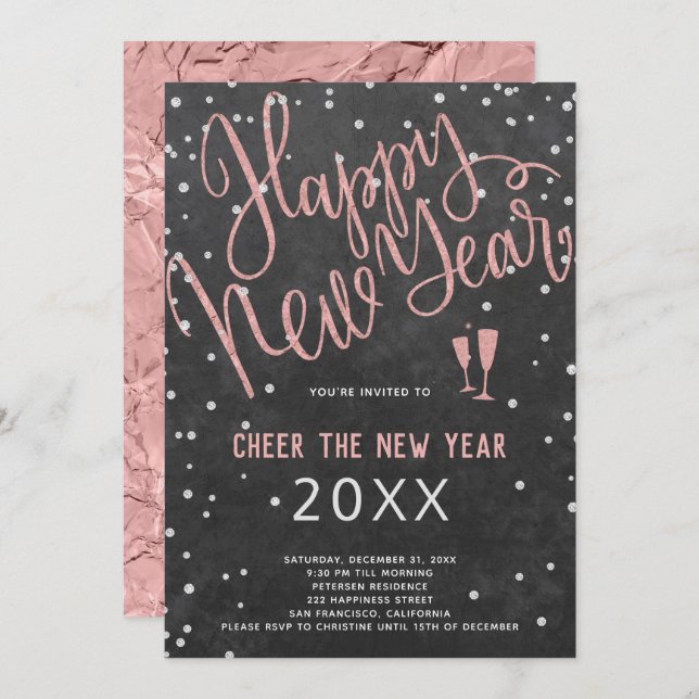 Cheer the New Year Rose Gold Chalkboard Party Invitation (Front/Back)