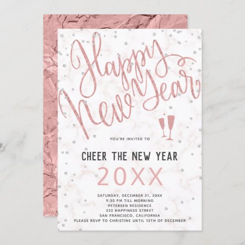 Cheer the New Year Rose Gold Marble Party Invitation