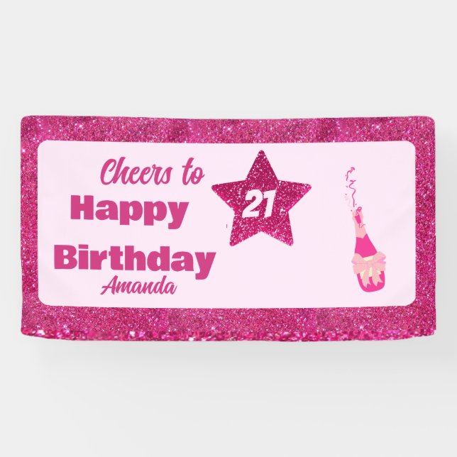 Cheer to 21st Birthday chic pink glitter custom Banner (Horizontal)