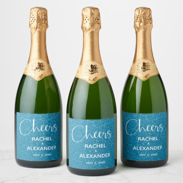CHEER Turquoise Glitter Wedding Sparkling Wine Lab Label (Bottles)