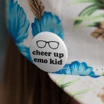 Cheer Up Emo Kid | Funny Cute Hipster Glasses Pinback Button<br><div class="desc">Need to amp up your pieces of flair? Grab this cute black and white button! Design features "Cheer Up,  Emo Kid" in retro-style typeface with a pair of black hipster frames.</div>