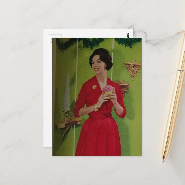 Cheerful 1950s era Christmas Lady in a Red Dress Postcard (Front/Back In Situ)