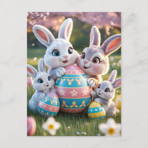 Cheerful 3D Bunny Family with an Easter Egg Postcard