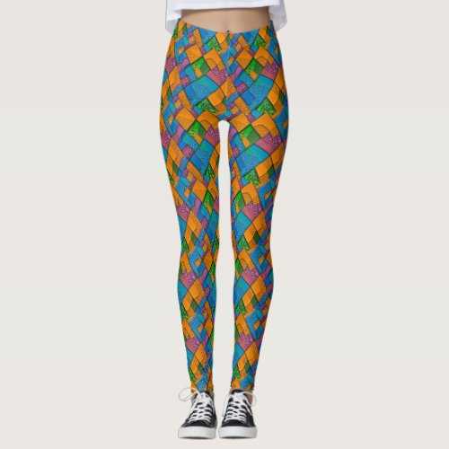 Cheerful Abstract Quilt Style Patchwork Colors Leggings