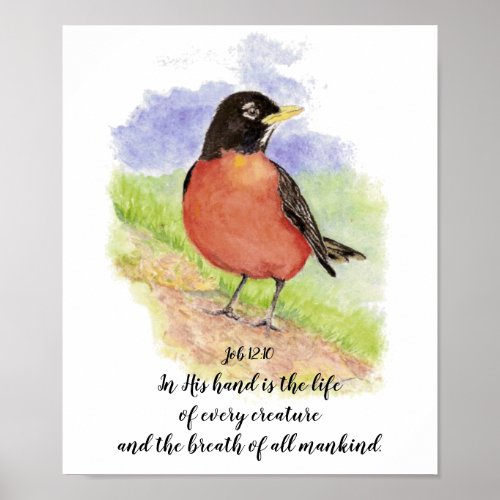 Cheerful American Robin Watercolor Bible Scripture Poster