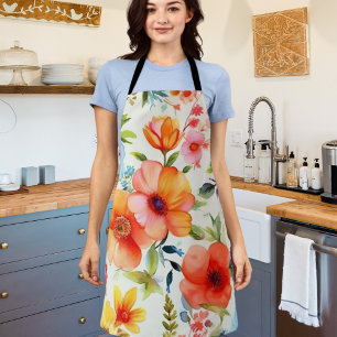 Cheerful and Bright Watercolor Poppy Floral Apron