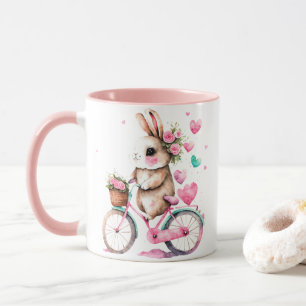 Cheerful and Romantic Bunny Rabbit on Bicycle Mug