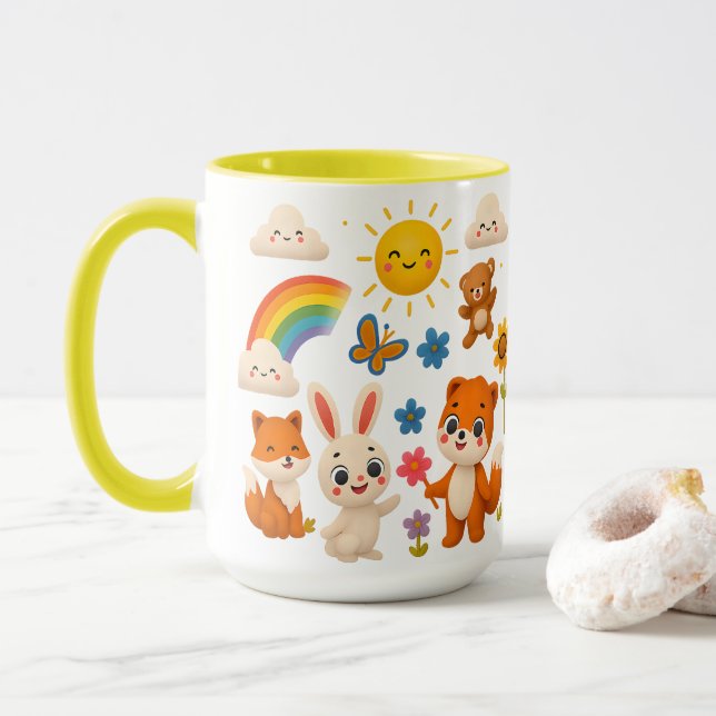 Cheerful Animals and Rainbow Ceramic Mug (With Donut)