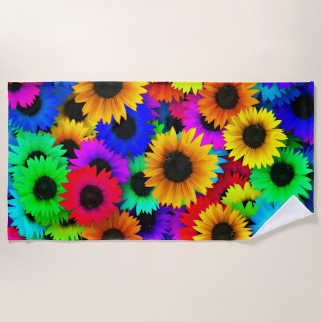 Cheerful Array of Colorful Sunflowers Beach Towel (Front)