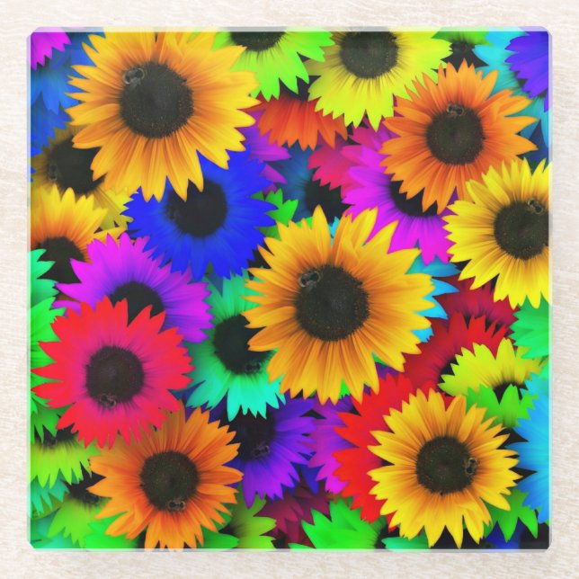Cheerful Array of Colorful Sunflowers Glass Coaster (Front)