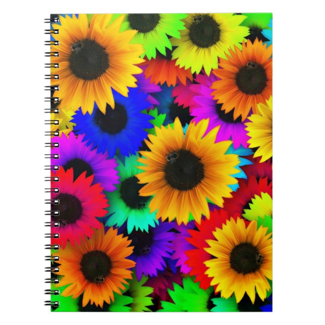Cheerful Array of Colorful Sunflowers Notebook (Front)