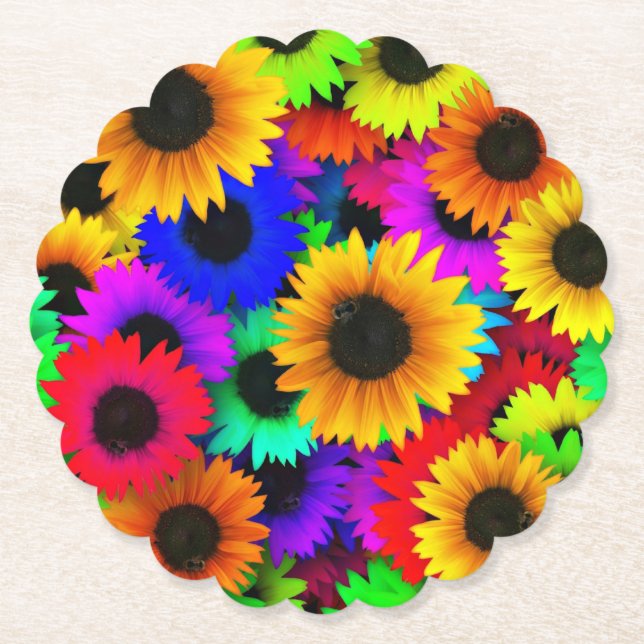 Cheerful Array of Colorful Sunflowers Paper Coaster (Front)