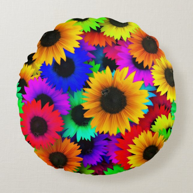 Cheerful Array of Colorful Sunflowers Round Pillow (Front)