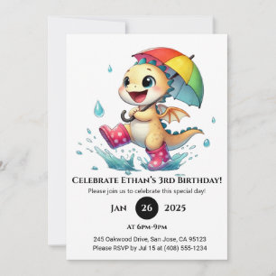 Cheerful Baby Dragon in the Rain Birthday Invitation
