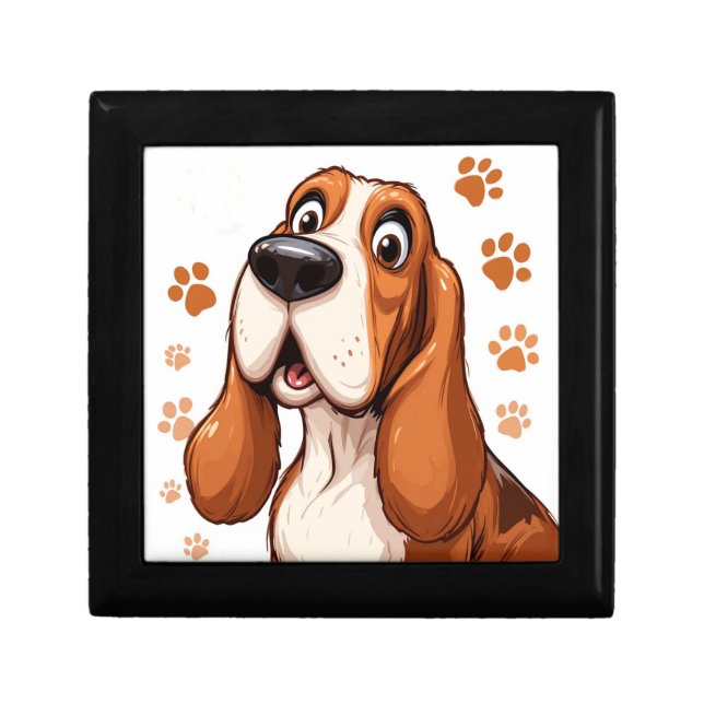 Cheerful Basset Dog with Orange Pawprints Gift Box (Front)