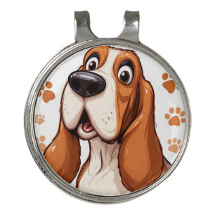 Cheerful Basset Dog with Orange Pawprints Golf Hat Clip
