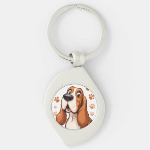 Cheerful Basset Dog with Orange Pawprints Keychain