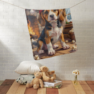 Cheerful Beagle Puppy in Stocking Cap Cozy Baby Blanket