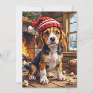 Cheerful Beagle Puppy in Stocking Cap Cozy Holiday Card