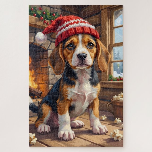 Cheerful Beagle Puppy in Stocking Cap Cozy Jigsaw Puzzle (Vertical)