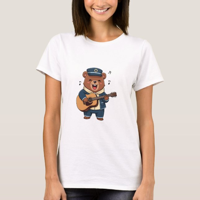 Cheerful Bear Captain Playing Acoustic Guitar T-Shirt (Front)