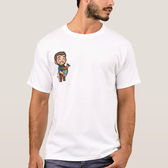Cheerful Bearded Farmer with Harvest Bucket T-Shirt (Front)