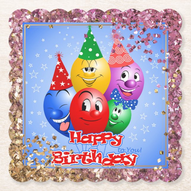 Cheerful Birthday Balloons Paper Coaster (Front)