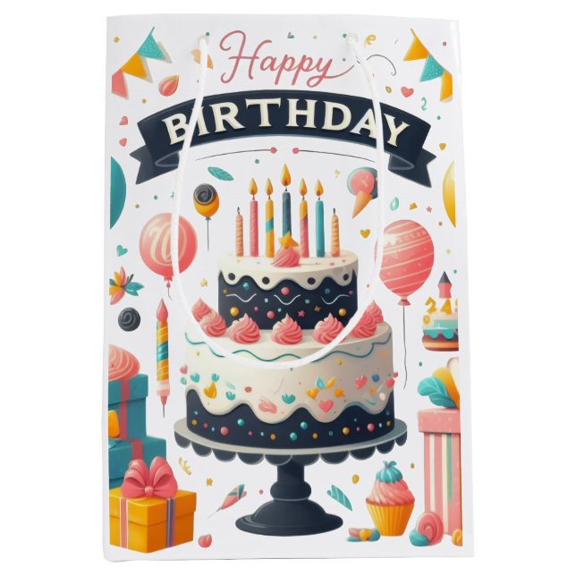 Cheerful Birthday Celebration Cake & Balloons Medium Gift Bag (Front)
